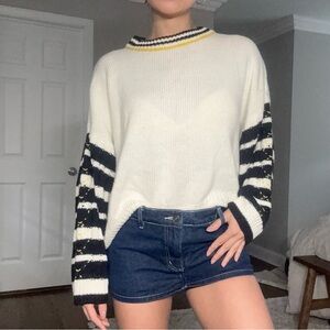Top shop oversized puff striped sleeve mock neck cable knit sweater medium